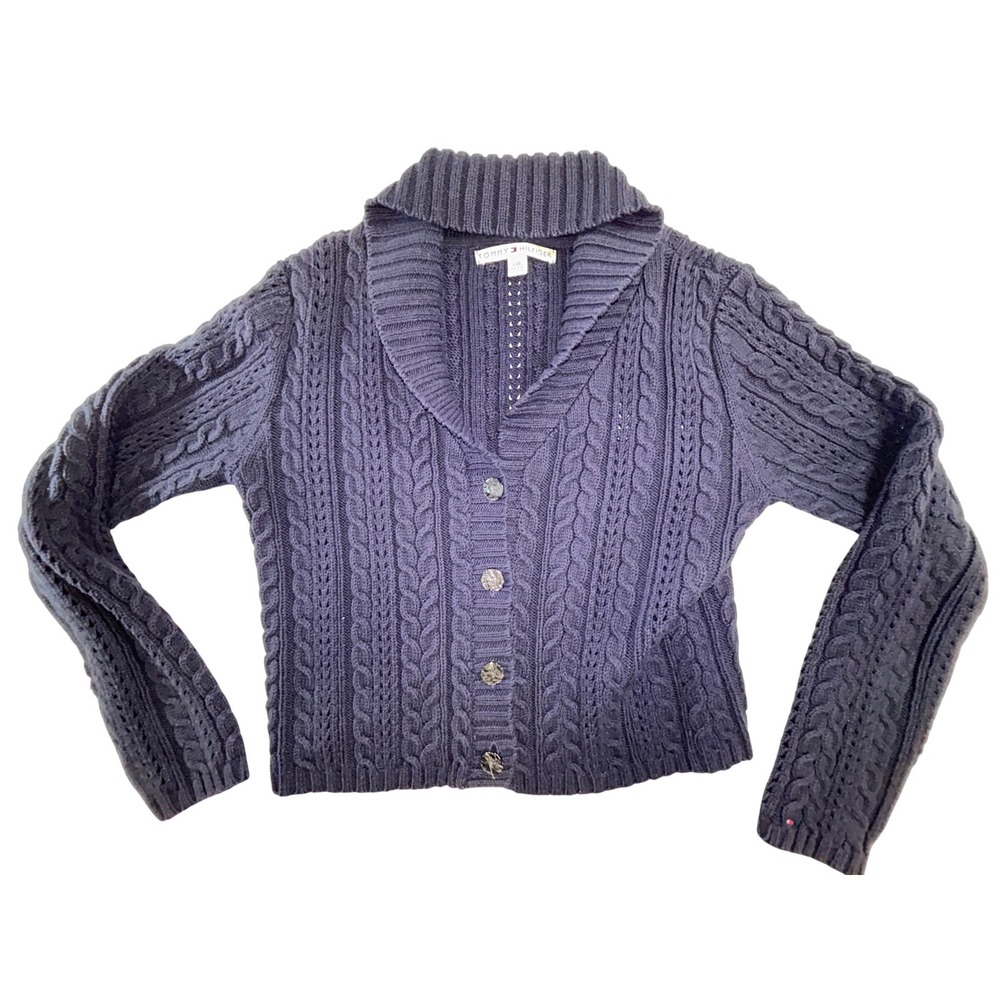 Tommy Hilfiger Womens Navy Blue Cable Knit Shawl Collar Cardigan Sweater L